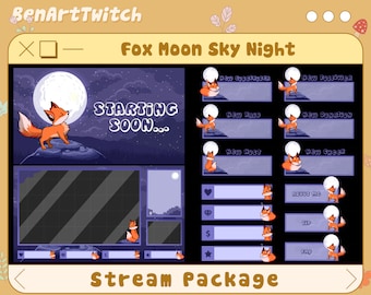 May include: A Twitch stream package with a fox and moon theme. The package includes a starting soon screen, a chat overlay, and various alerts for new subscribers, followers, raids, donations, hosts, and cheers. The package also includes panels for about me, tips, and FAQ.