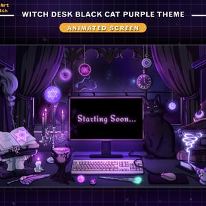 Animated Stream Screens Witch Desk Black Cat Purple Theme, Mystic Twitch Overlay with Magic Books, Potion Cauldron, Moon Starry Night