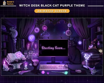 Écrans de diffusion animés, bureau de sorcière, chat noir, thème violet, superposition de mouvements mystiques avec livres magiques, chaudron de potion, nuit étoilée de lune