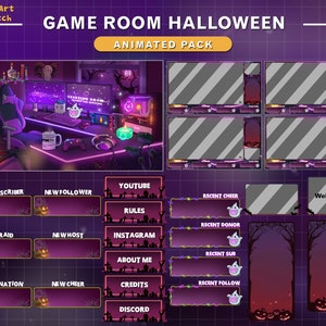 Animated Twitch Overlay Halloween Game Room Purple, Animated Stream Package Halloween Room with ghost, spider, skull, pumpkin...