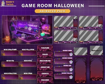 May include: A Halloween-themed animated pack for Twitch streamers. The design features a purple and black color scheme with a game room scene, animated overlays, and various notification boxes. Text includes "GAME ROOM HALLOWEEN" and social media prompts.