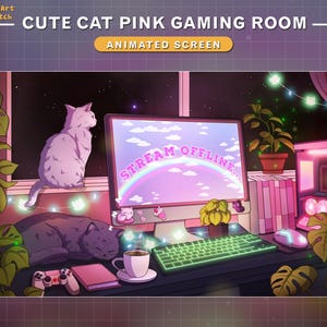 May include: A pink and purple gaming room with a computer screen that says "Stream Offline". There are two cats, one white and one black, and a cup of coffee on the desk.