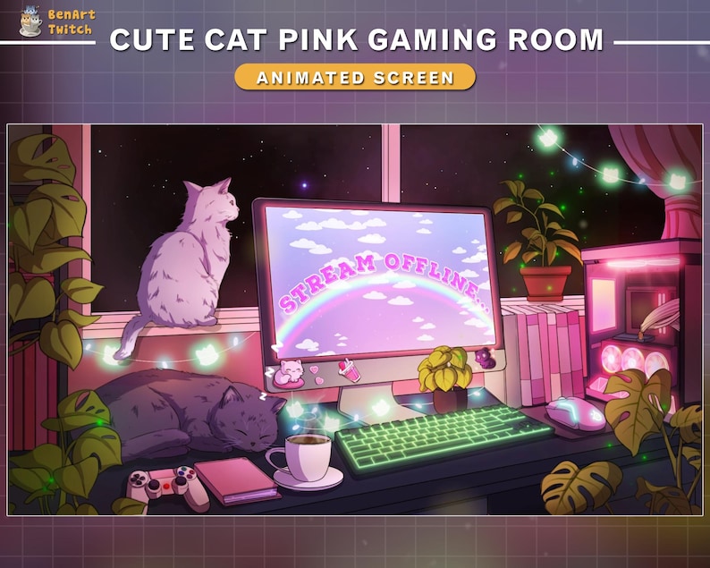 May include: A pink and purple gaming room with a computer screen that says "Stream Offline". There are two cats, one white and one black, and a cup of coffee on the desk.