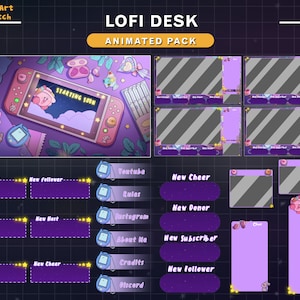 Animated Lofi Desk Stream Package, Night Pastel Pink Twitch Overlay with Cozy Kawaii Room Setup for Streamers and Vtubers Backgrounds