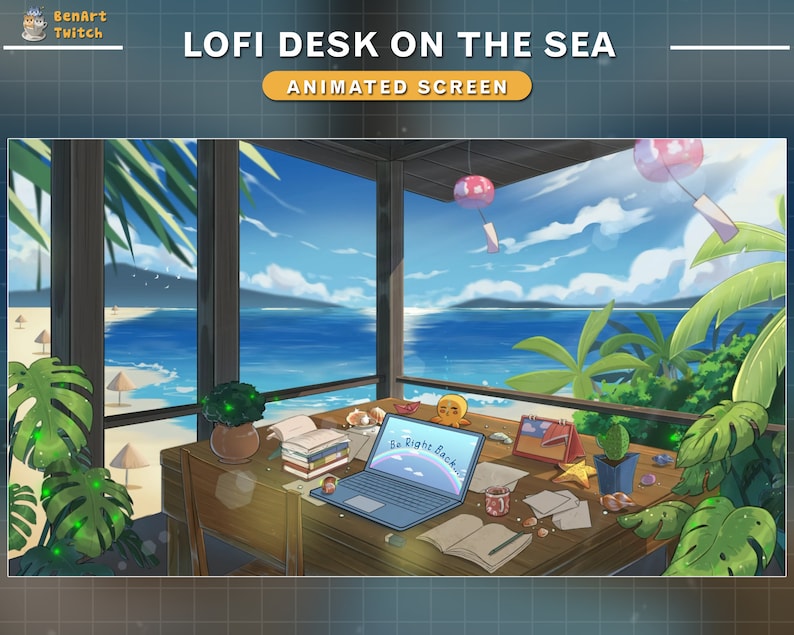 May include: A laptop computer with the words "Be Right Back" on the screen sits on a wooden desk overlooking a beach scene. The desk is decorated with plants, books, and other items. The view outside the window shows a beach with palm trees and blue water.