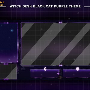 May include: Purple and black Twitch stream overlay with a black cat, stars, and the text "WITCH DESK BLACK CAT PURPLE THEME".