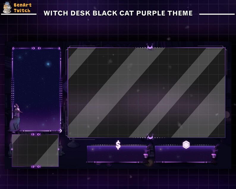May include: Purple and black Twitch stream overlay with a black cat, stars, and the text "WITCH DESK BLACK CAT PURPLE THEME".