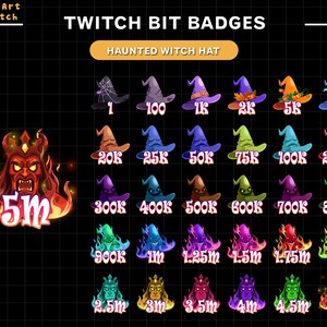 May include: A collection of Twitch Bit Badges featuring various colorful witch hats. The badges range from 1 to 5M, with a fiery demon graphic. The text "HAUNTED WITCH HAT" is displayed above the badges.