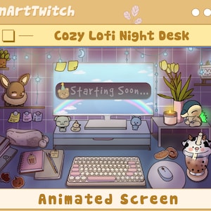 Animated Twitch Screens Cozy Lo-fi Desk, Animated Stream Screens Aesthetic Gaming Room with Purple Theme Twitch Overlay
