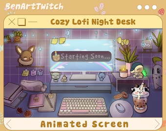 Animated Twitch Screens Cozy Lo-fi Desk, Animated Stream Screens Aesthetic Gaming Room with Purple Theme Twitch Overlay