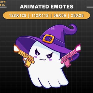 May include: Animated emote of a white ghost wearing a purple witch hat with a black buckle and holding two toy guns, one yellow and one pink, with a pink and white muzzle flash.