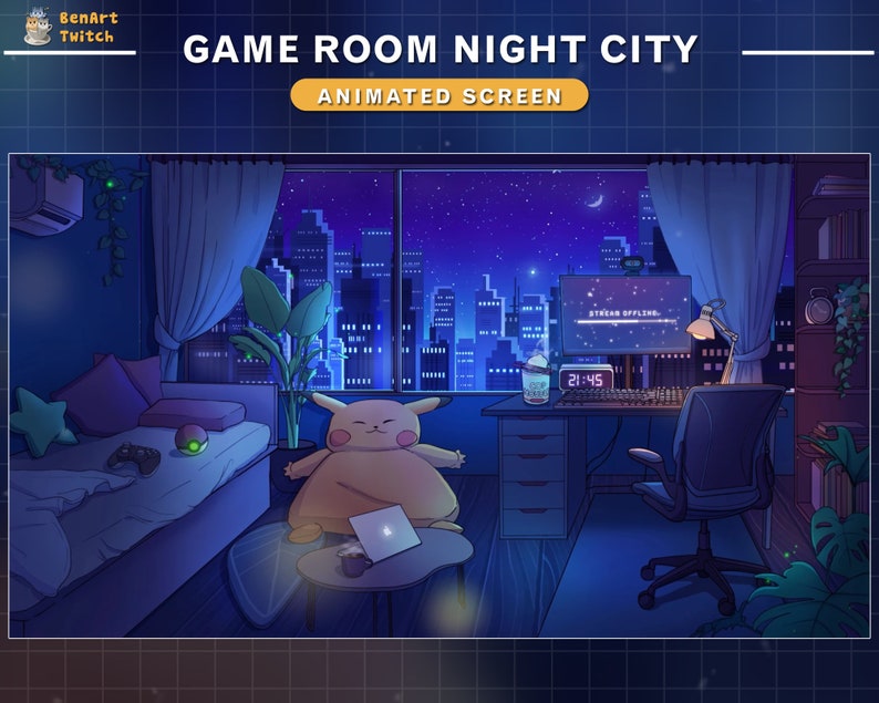 Puede incluir: Una ilustraci&oacute;n de dibujos animados de una sala de juegos con una vista nocturna de la ciudad fuera de la ventana. La habitaci&oacute;n cuenta con un escritorio con un monitor de computadora, una silla, un sof&aacute;, una mesita de noche y un juguete de peluche Pikachu. El monitor de la computadora muestra el texto "Stream Offline". El reloj en el escritorio marca las 21:45.