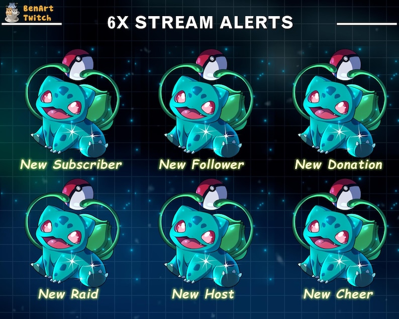 Bulbasaur animerat Twitch-överläggspaket, mysigt Lofi-spelskrivbordsströmpaket, söt Pokémon-Twitch-layout för streamers bild 8