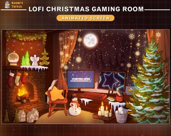Pantalla de Twitch animada, sala acogedora de Navidad, pantalla de transmisión de Navidad de sala Lofi con PC, árbol de Navidad, chimenea, muñeco de nieve, nieve cayendo...