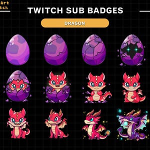 May include: A set of Twitch sub badges featuring a cartoon dragon in various stages of development. The badges include a purple egg, a cracked egg with a dragon inside, a dragon hatching from an egg, a dragon standing on its hind legs, and a dragon with wings and glowing eyes. The text "TWITCH SUB BADGES" and "DRAGON" is displayed at the top of the image.