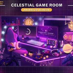 Może przedstawiać: Fioletowo-różowy pokój do gier z motywem kosmicznym. Pokój wyposażony jest w fotel gamingowy, komputer, monitor, klawiaturę, mysz, słuchawki, kontroler i mikrofon. Pokój jest ozdobiony gwiazdami, księżycami i planetami. Monitor wyświetla odliczanie i tekst "Wkrótce... Dziękujemy za cierpliwość."