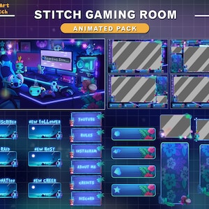 Animated Full Stream Package Game Room Stitch Night Summer, Cute Stitch Stream Overlay, Stitch Twitch Overlay for Streamer, Vtuber