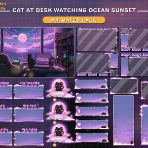 Pacote de transmissão animada Gato na mesa observando o tema da noite do oceano, sobreposição estética do Twitch com gato preto, plantas aconchegantes