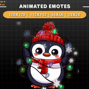 Op de afbeelding: Geanimeerde pinguïn-emote met een rode muts en sjaal, omringd door groene en paarse kerstverlichting. De pinguïn draagt een rode muts met een witte pompon en een rode sjaal met een wit en paars patroon. De achtergrond is zwart met een rasterpatroon.
