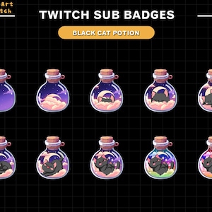 May include: A collection of Twitch sub badges featuring potion bottles with a black cat theme. Each bottle has a different background, including a night sky, clouds, and a crescent moon. The text "Twitch Sub Badges" and "Black Cat Potion" are displayed.