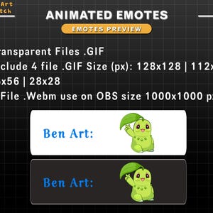 May include: Animated emotes for Twitch featuring a green cartoon character with a leaf on its head. The emotes are available in four different sizes: 128x128, 112x112, 56x56, and 28x28 pixels. The emotes are also available in a webm format for use on OBS, with a size of 1000x1000 pixels.