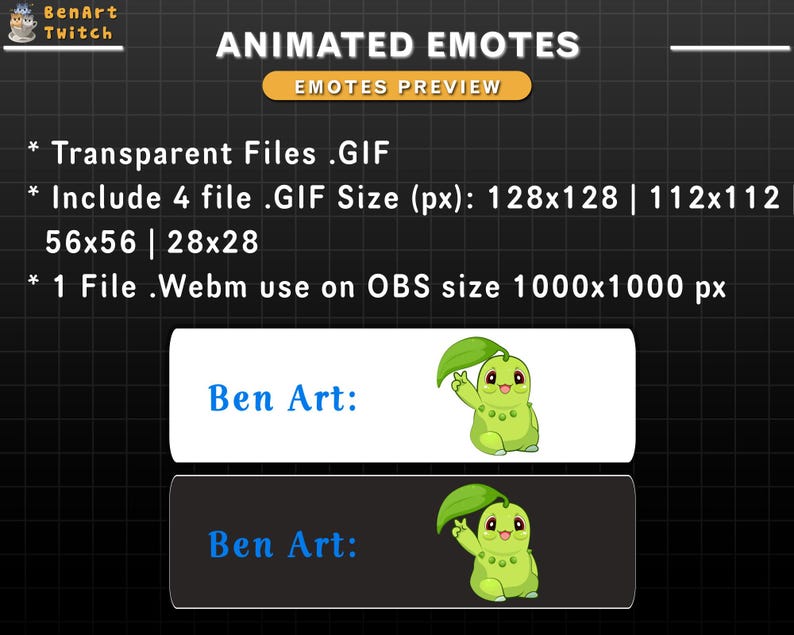 May include: Animated emotes for Twitch featuring a green cartoon character with a leaf on its head. The emotes are available in four different sizes: 128x128, 112x112, 56x56, and 28x28 pixels. The emotes are also available in a webm format for use on OBS, with a size of 1000x1000 pixels.