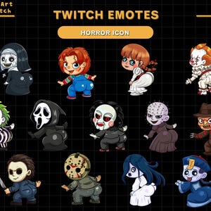 May include: A set of cartoon horror characters, such as Chucky, Pennywise, and Freddy Krueger, presented as Twitch emotes. The image has a black grid background with the text "Twitch Emotes" and "Horror Icon".