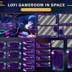 Animated Stream Package Cyberpunk Room, Animated Twitch Overlay Spaceship Room, Galaxy, Space, Planet, Vtuber Background