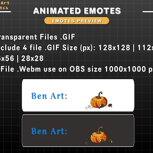 以下が含まれることがあります： テキスト付きのアニメーション絵文字のプレビュー。画像には「ANIMATED EMOTES」と「EMOTES PREVIEW」のテキストが含まれています。画像には「Transparent Files .GIF」、「Include 4 file .GIF Size (px): 128x128 | 112x112 | 56x56 | 28x28」と「1 File .Webm use on OBS size 1000x1000 px」のテキストも含まれています。