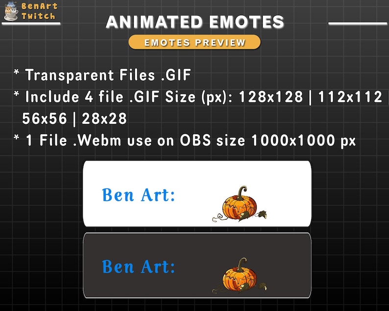 以下が含まれることがあります： テキスト付きのアニメーション絵文字のプレビュー。画像には「ANIMATED EMOTES」と「EMOTES PREVIEW」のテキストが含まれています。画像には「Transparent Files .GIF」、「Include 4 file .GIF Size (px): 128x128 | 112x112 | 56x56 | 28x28」と「1 File .Webm use on OBS size 1000x1000 px」のテキストも含まれています。