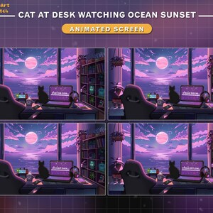May include: Animated screen featuring a cat at a desk watching an ocean sunset. The scene is rendered in shades of purple and pink, with a large moon and a black cat sitting on the desk. The text "CAT AT DESK WATCHING OCEAN SUNSET" is displayed.