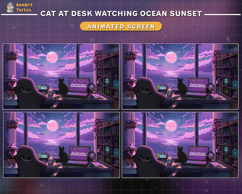 May include: Animated screen featuring a cat at a desk watching an ocean sunset. The scene is rendered in shades of purple and pink, with a large moon and a black cat sitting on the desk. The text "CAT AT DESK WATCHING OCEAN SUNSET" is displayed.