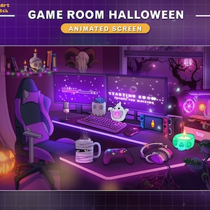 Animated Twitch Screens Hallowween Game Room Purple, Animated Halloween PC Room Twitch Overlay with Pumpkin, Spider, Skull...