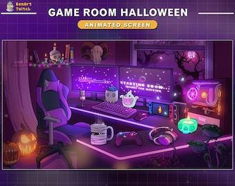 Pantallas animadas de Twitch, sala de juegos de Halloween en color morado, superposición animada de Twitch para sala de PC de Halloween con calabaza, araña, calavera...