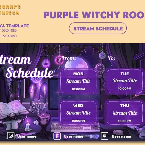 Plantilla de programación de transmisión de Purple Witchy, superposición mística de Twitch con gato negro, escritorio de hechizos, velas, pociones y decoración lunar.