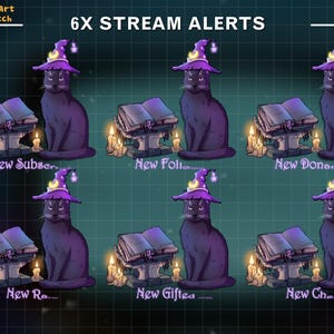 Animated Witch Cat Stream Alerts, Black Cat Twitch Alert for Witchy Overlay