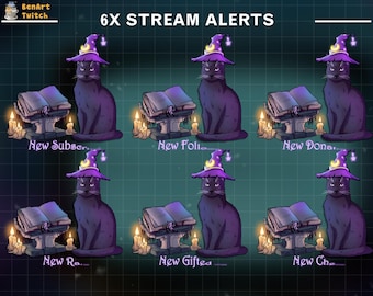 Animated Witch Cat Stream Alerts, Black Cat Twitch Alert for Witchy Overlay