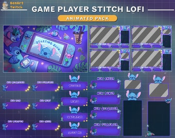 Animated Twitch Overlay Package Lo-fi Desk Stitch, Cute Stitch Stream Package, Stream Desk Twitch Overlay for Streamer, Vtuber