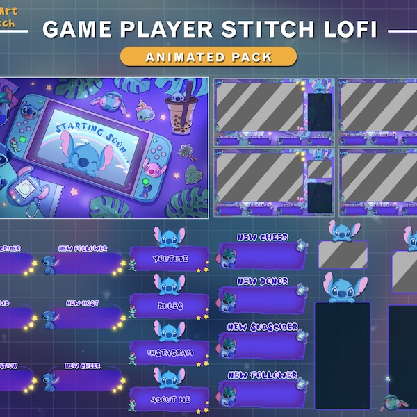 Animated Twitch Overlay Package Lo-fi Desk Stitch, Cute Stitch Stream Package, Stream Desk Twitch Overlay for Streamer, Vtuber