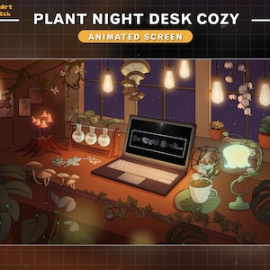 Animated Twitch Screens Game Room Plants, Lo-fi Room Stream Screens with Laptop, Night Sky, Trees...