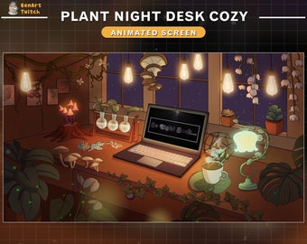 Pantallas animadas de Twitch, plantas de sala de juegos, pantallas de transmisión de sala Lo-Fi con computadora portátil, cielo nocturno, árboles...