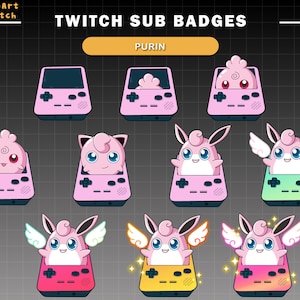 May include: A set of nine Twitch sub badges featuring a pink Pokémon character named Purin. The badges are designed in a retro video game style with a pink and green color scheme. The text "TWITCH SUB BADGES" and "PURIN" are displayed at the top of the image.