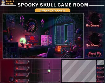 Geanimeerd streampakket Game Room Halloween, horror pc-kamer Twitch-overlay, griezelige stream-overlay, graphics voor streamer