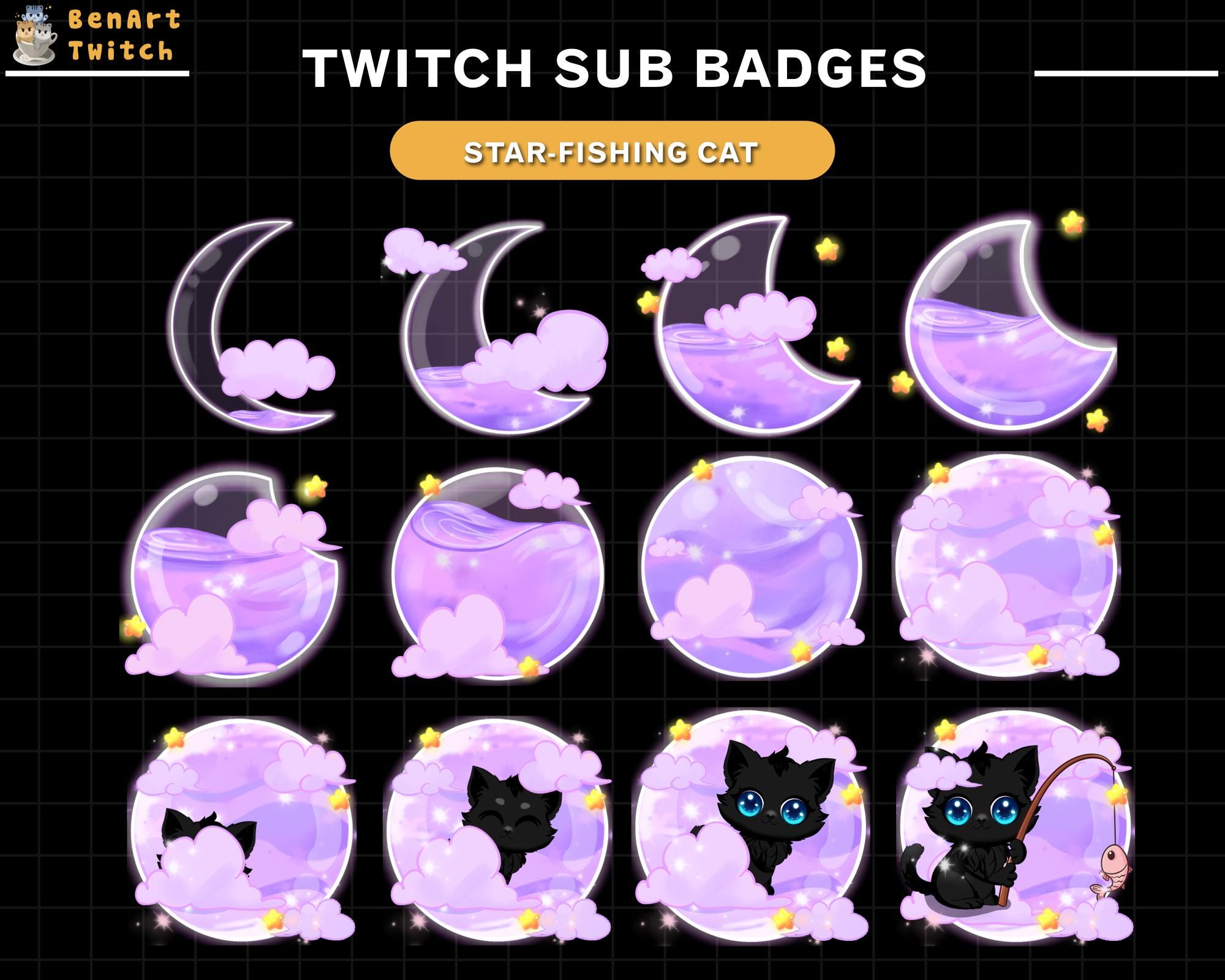Full Cat Moon Twitch Sub Badges, Cute Cat Twitch Sub Badges for ...