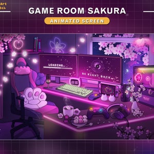 Animated Twitch Screens Cherry Blossom PC Room,  Aesthetic Lo-fi Pink Sakura Game Room Stream Screens with Sakura Falling, Coffee, Night Sky