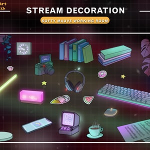 15x Animated Stream Decorations PC Room Collections,  Aesthetic Lo-fi Game Room Twitch Overlay includes headphone, coffee, plant pots...