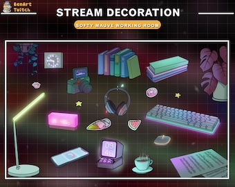 15 colecciones de salas de PC con decoraciones de transmisiones animadas, superposición estética de Twitch para salas de juegos de baja fidelidad que incluye auriculares, café, macetas...