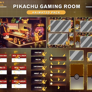 Sobreposição de Twitch animada para sala de jogos Pikachu, pacote de stream Pikachu fofo, sobreposição de Twitch Stream Desk para Streamer, Vtuber