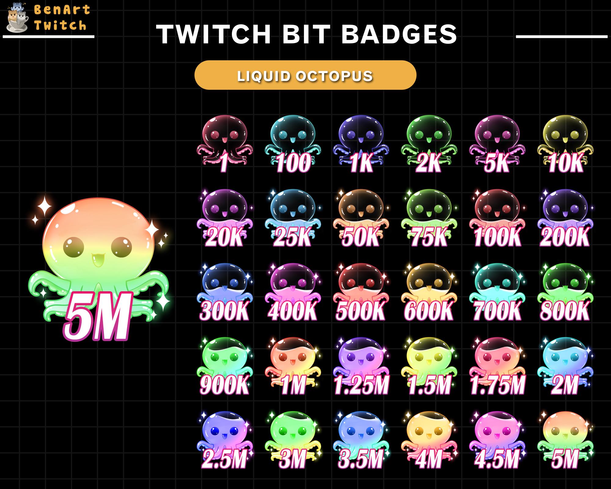 Bit Tech Octopus Twitch Bit Badges Liquid Octopus, Colorful Tiered Badges for Loyal ...