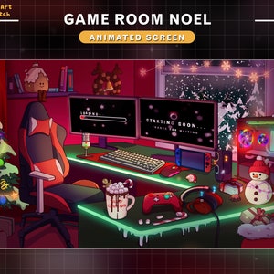 Animowane ekrany Twitch Game Room Christmas, Lo-fi Room Xmas Stream Screens z komputerem, choinką, świecą, bałwanem,